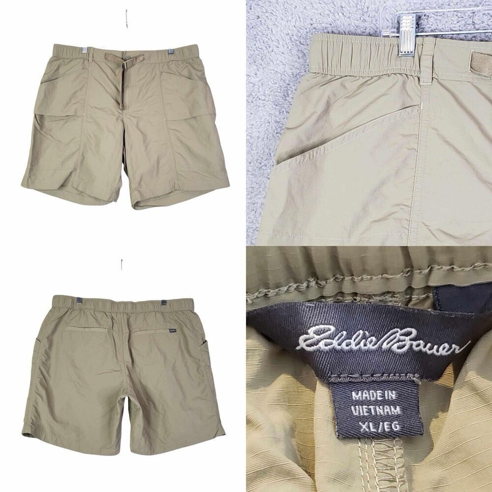 Eddie Bauer Cargo Shorts Mens Size XL Khaki Tan Stretch Nylon Belt Flat Front
